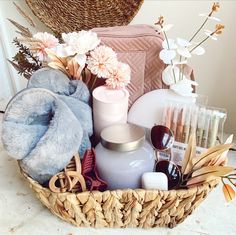 a basket filled with items sitting on top of a table