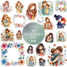 watercolor mother's day clipart set with flowers and children in the background