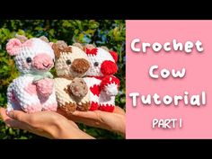 the crochet cow is holding three small stuffed animals in their arms, with text overlay reading crochet cow pattern part 1