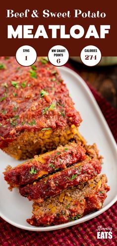 beef and sweet potato meatloaf on a white plate with text overlay that reads beef and sweet potato meatloaf