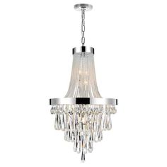 a chrome finish chandelier with crystal drops hanging from the bottom, on an isolated white background