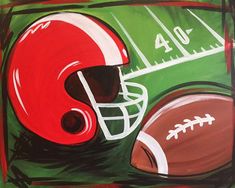 a painting of a football helmet and ball