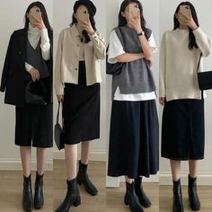 Japanese Spring Outfits Casual, Japanese College Outfits, Boots Outfit Korean Style, Mid Length Skirt Outfit, Korean Spring Outfits, Girls Outwear, Outfit Korean Style