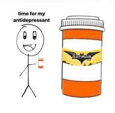 a cartoon character next to an orange and white jar with the words batman on it