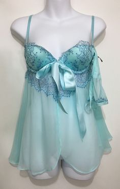 Victoria's Secret 32B Aqua 2 Pc Underwire Padded Sexy Shortie Nightie Thong New Eileen West, Women's Sleepwear, Sleepwear Robe, Plaid Skirt, Skirt Dress, Sleepwear Women, Y2k 2000s, Blue Lace