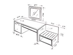 a drawing of a desk and mirror with measurements on the wall in front of it