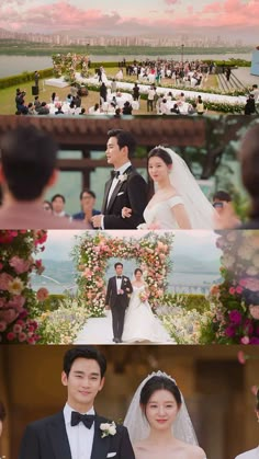 the wedding scene is shown in two different pictures, and there are people standing around