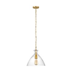 a glass and brass pendant light hanging from the ceiling