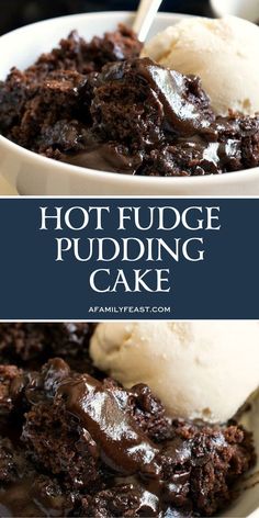 hot fudge pudding cake in a bowl with ice cream and chocolate sauce on top