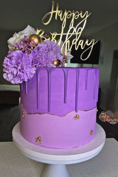 Purple Cake with Purple Chocolate Drips Topped with Purple Flowers with Gold Accents and a Gold Happy Birthday Topper Two Tone Buttercream Purple Color Palette Purple Birthday Cake Ideas, Purple Birthday Cake, Purple Desserts, I Girl, Purple Party Decorations, Surprise Birthday Decorations, Purple Cakes Birthday, Hanging Wedding Decorations, 60th Birthday Decorations