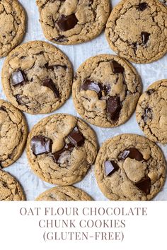 chocolate chip cookies with text overlay that reads oat flour chocolate chunk cookies gluten - free