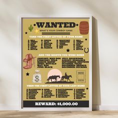 a wanted poster is displayed on the wall next to a wooden table with a lamp and potted plant