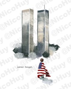 a person walking past two tall buildings with an american flag on it's side