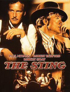 the sting movie poster with two men in suits and hats, one holding a microphone