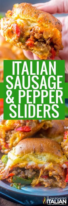 the italian sausage and pepper sliders are stacked on top of each other with melted cheese