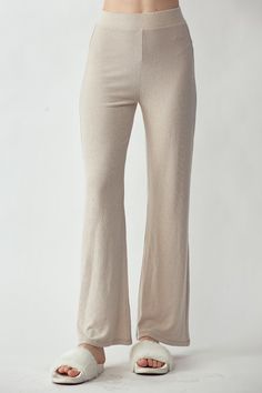 Knit Flare Pants, ULTRA SOFT RELAXED FIT PANTS, knit pants, wide leg knit pants, knit flare pants, pair with Bella Chic's Beige Hoodie or Bella Chic's Surplice Top, Purple Top (knit) set. -Sets-Active Wear-Lounge Wear Fabric: 48% COTT/POLY. 46% VISCOSE, 6%SPANDEX Flare Bottoms For Fall Loungewear, Flare Bottoms With Elastic Waistband For Loungewear, Ribbed Stretch Wide Leg Bottoms, Stretch Wide Leg Pants With Ribbed Waistband For Fall, Stretch Knit High-waisted Pants, Flare Ribbed Pants For Loungewear, Ribbed Flare Pants For Loungewear, Ribbed Stretch Wide-leg Bottoms, Stretch Ribbed Wide Leg Pants