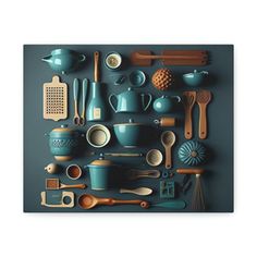 an assortment of kitchen utensils arranged on a blue background