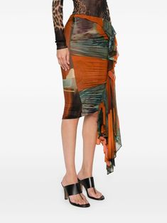 orange/multicolour stretch-design mesh design all-over graphic print ruched detailing elasticated waistband knot detailing draped detailing straight hem knee-length Ruched Skirt, Mesh Design, Knee Length Skirt, Design Inspo, Graphic Prints, Knee Length, Knot, Top Brands, Mesh