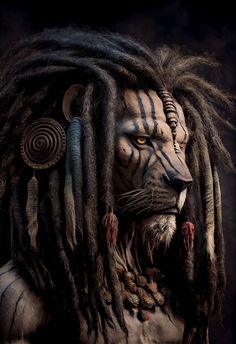 a man with dreadlocks and makeup painted on his face is wearing a lion head