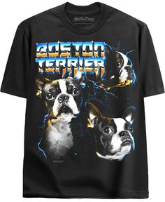 the boston terrier t - shirt is shown in black with three dogs on it