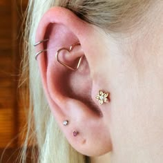 a close up of a person's ear with two piercings on top of it