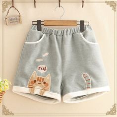 Cat Eat, Embroidery Shorts, Fish Embroidery, Shorts Pattern, Fashion Shorts, Kawaii Fashion Outfits, Fashion Victim, Really Cute Outfits, Kawaii Clothes