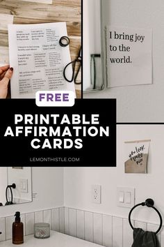 the free printable affirmation cards are on display in this collage with text