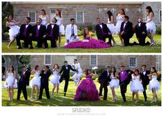 two pictures of people dressed up in wedding attire and tuxedos posing for the camera