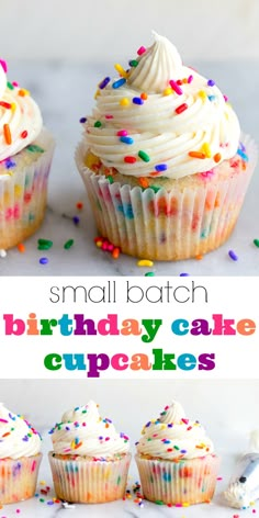 small batch birthday cake cupcakes with white frosting and sprinkles