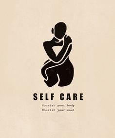 the logo for self care is shown in black on a beige background with an image of a woman hugging her baby