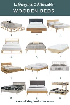 different types of bed frames and mattresses with text that reads 12 gorgeous and comfortable wooden beds