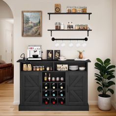 a kitchen area with a counter and shelves on the wall