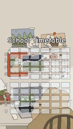 an image of a school timetable with pictures on the wall and chairs in front of it