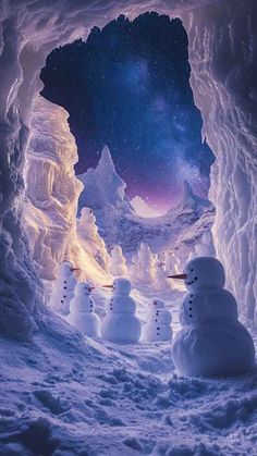 snowmen are standing in the middle of an ice cave at night with stars above them