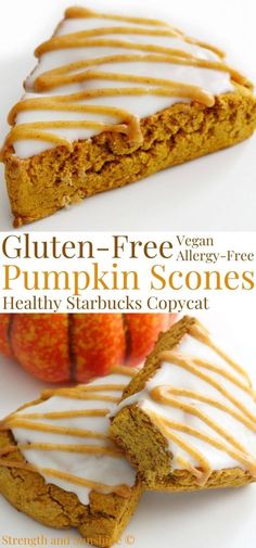 two slices of gluten - free pumpkin scones with white icing on them