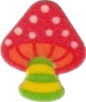 a red mushroom with a green and yellow striped hat on it's head, sitting in front of a white background