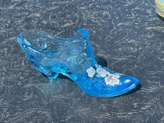 "Fenton Misty Blue Glass Slipper Shoe, Hand Painted Flowers Signed on bottom by D. Snyder, excellent condition. 6\" x 2 ½\" x 1 ½\"" Cat Candy, Wine Goblets, Red Diamond, Glass Slipper, Hand Painted Flowers, Green Diamond, Slipper Shoes, Gorgeous Glass, Glass Art Sculpture