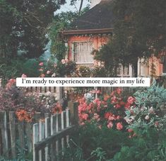 an image of a house with flowers in the foreground and a quote on it