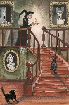 a drawing of a woman in a witches costume on the stairs next to a dog