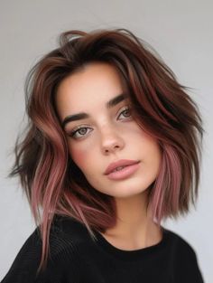 Cool Winter Hair Color Ideas, Color Tips Hair, Katie Maloney Hair, Pink Balayage Brunette, Fashion Hair Color Ideas, Short Hair Pink, New Hair Color Ideas, Bangs Inspiration, Dusty Rose Hair