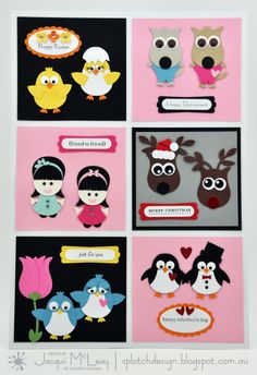 a collage of cards with different types of animals and birds on them, all decorated in various colors