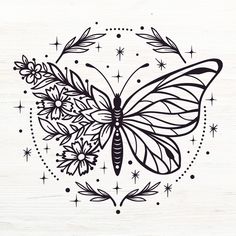 a black and white drawing of a butterfly with flowers on it's wings, surrounded by stars