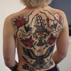 50 Great Patchwork Tattoos Ideas To Get Inspired By • Body Artifact Greek God Traditional Tattoo, Women Tattoo Chest Piece, Chest American Traditional Tattoo, Back Piece Tattoos For Women Traditional, Back Tattoo Traditional Women, Traditional Back Piece Tattoo Women, Traditional Tattoo Chest Piece Women, American Trad Back Piece, Norse Traditional Tattoo