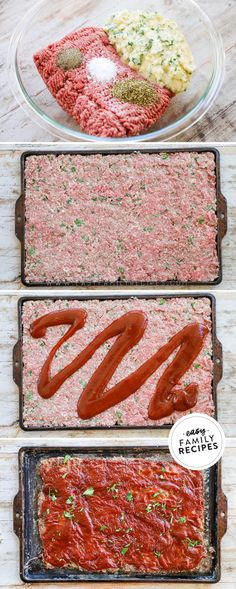 the process for making meatloaf is shown in three separate pans, including one with