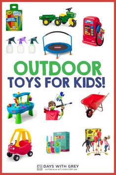 an advertisement with toys for kids on the front and back of it, which reads outdoor toys for kids