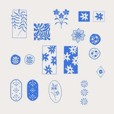 several blue and white designs are shown on a gray background