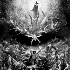 an image of jesus on the cross surrounded by angels and demon like creatures in black and white