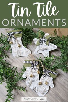 christmas ornaments made out of paper and ribbon with text overlay that says how to make tin tile ornaments