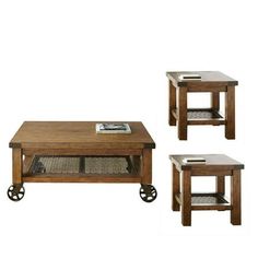 three wooden tables with wheels on them