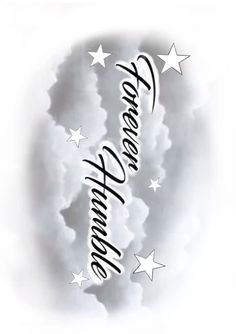 the words are written in black and white with stars around them on a cloudy background